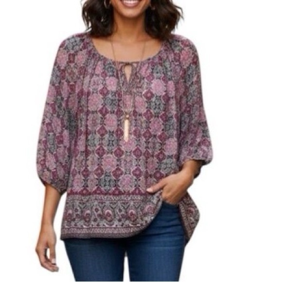 croft & barrow Tops - Croft & Barrow 1X Magenta Medallion Print Blouse 3/4 Sleeve Stretch Boho Peasant